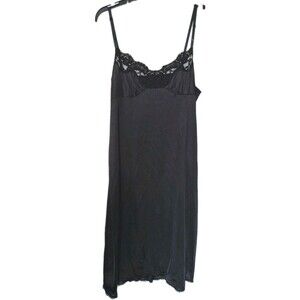 Vintage Vassarette Satin Midi Slip Dress Size 40 Black Lace Bodice Trim Coquette